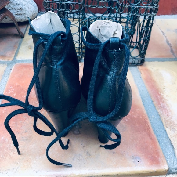 Joie Lace Up Open Toe Wedge Ankle Leather Booties Size 7 Black Heel 4” - Picture 10 of 13